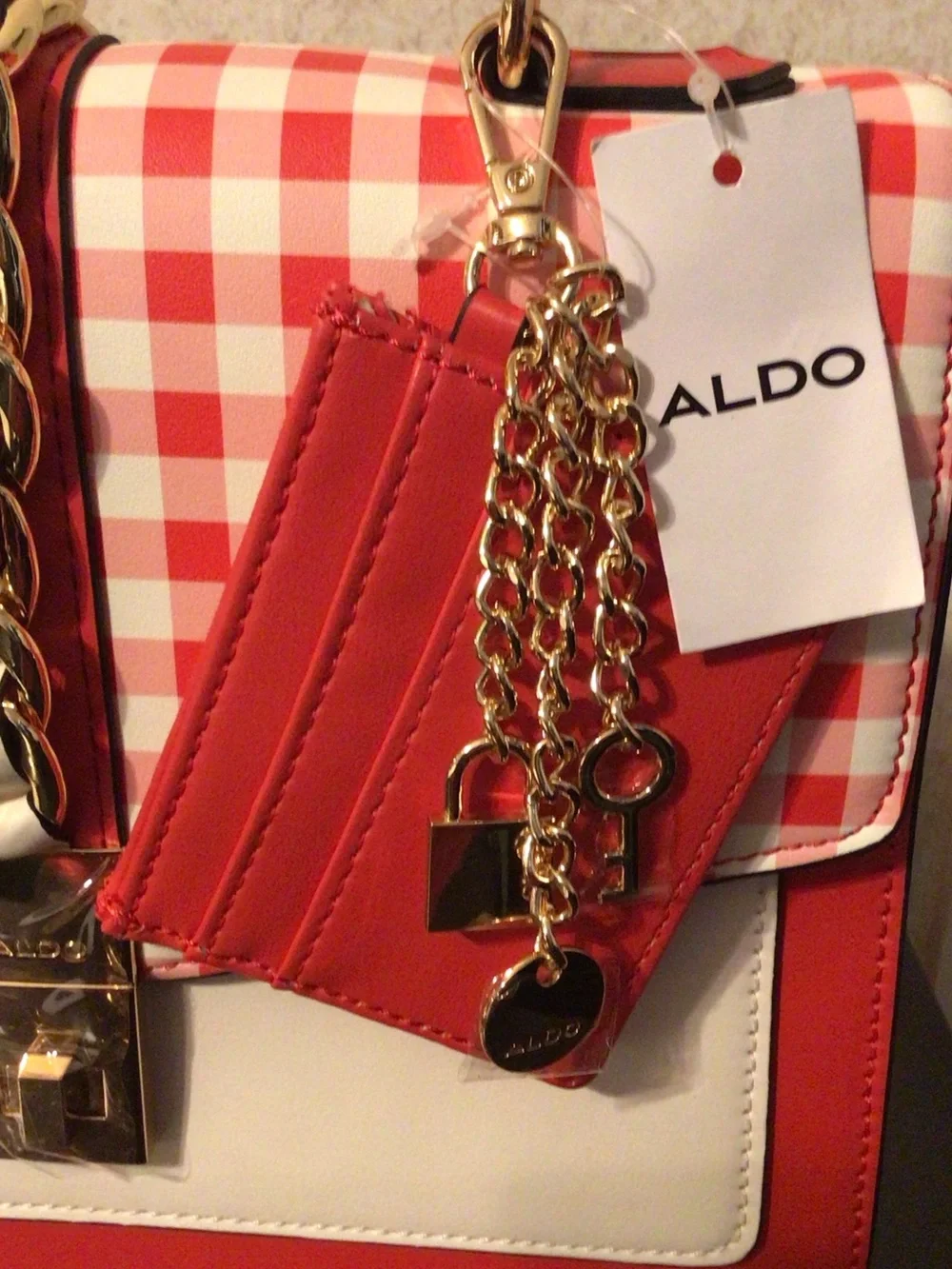 ALDO Red & White Gingham Chain-Accent Top-Handle Satchel